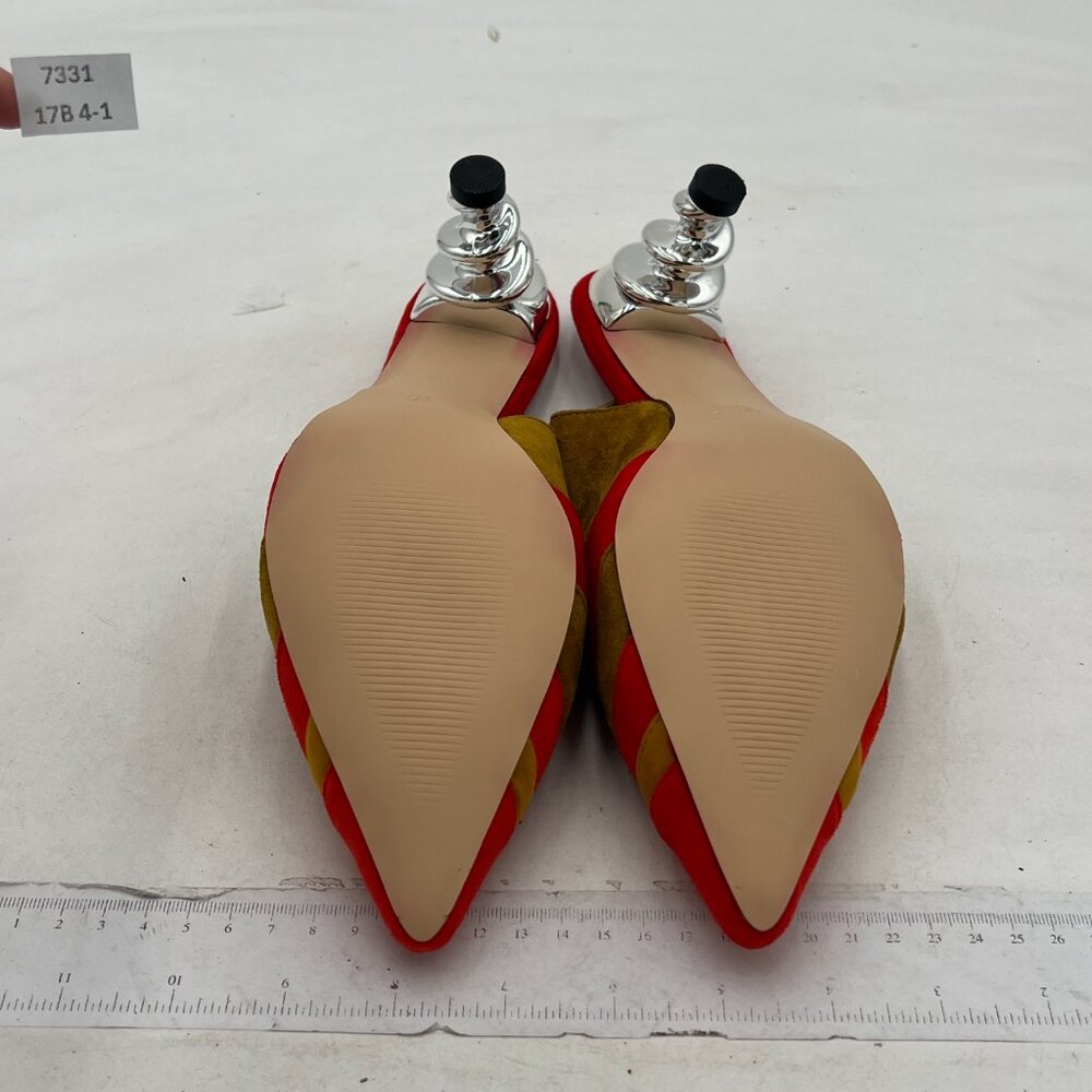 FOWT Yellow Rainbow Color Stripes Strange Spiral Heel Pointed Toe Slingback Pump - Picture 7 of 8